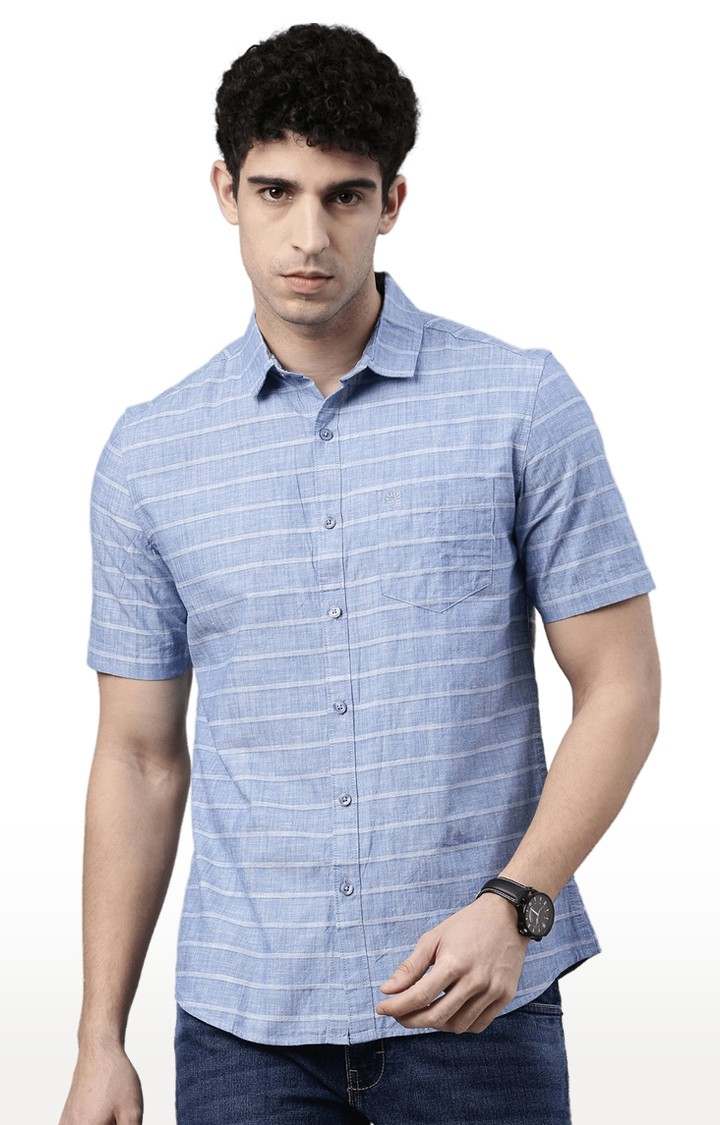 Men's Blue Cotton Striped Casual Shirt