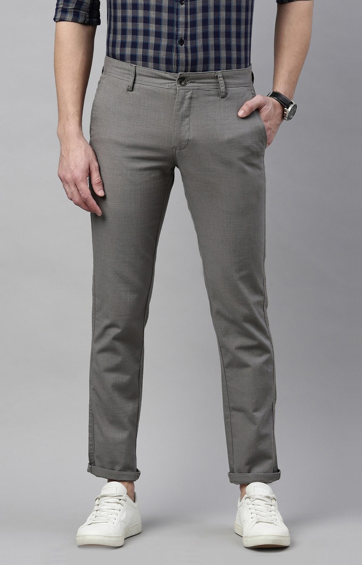 Men's Grey Cotton Blend Solid Trouser