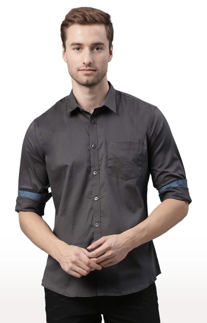 Chennis | Men's Grey Cotton Blend Solid Casual Shirt