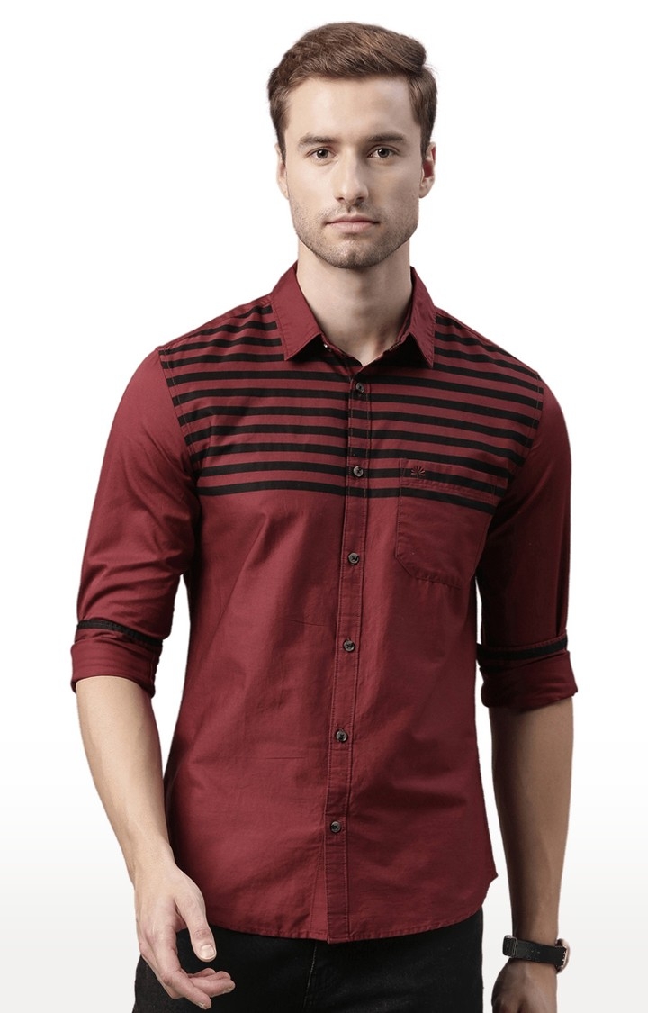 Men's Red Cotton Striped Casual Shirt