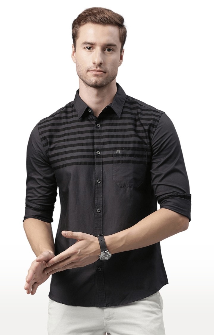 Chennis | Men's Grey Cotton Striped Casual Shirt