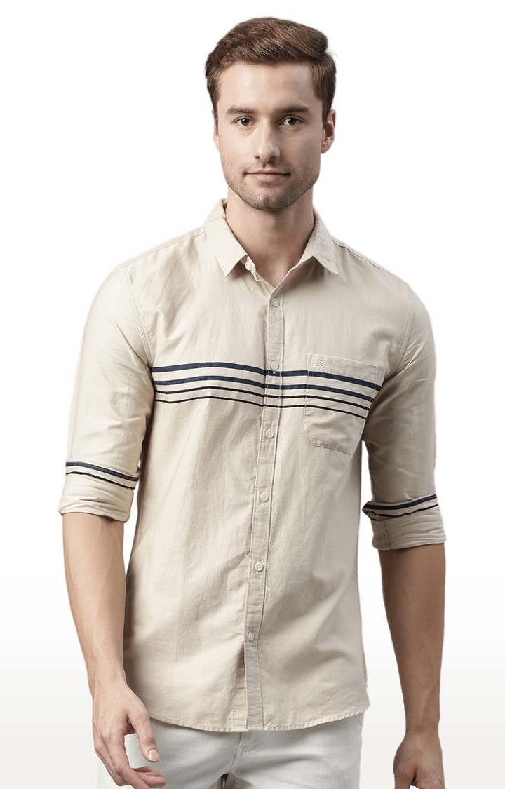 Men's Beige Cotton Striped Casual Shirt