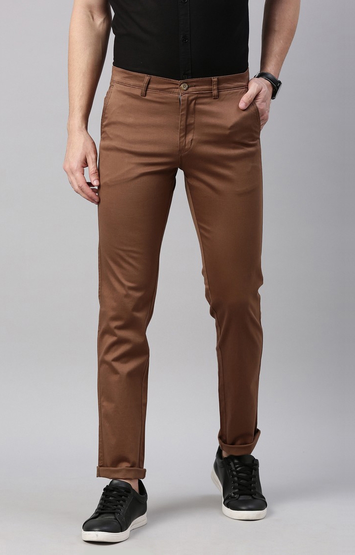 Spykar Mud Brown Cotton Slim Fit Regular Length Trousers For Men   vot02bbcg034mudbrown
