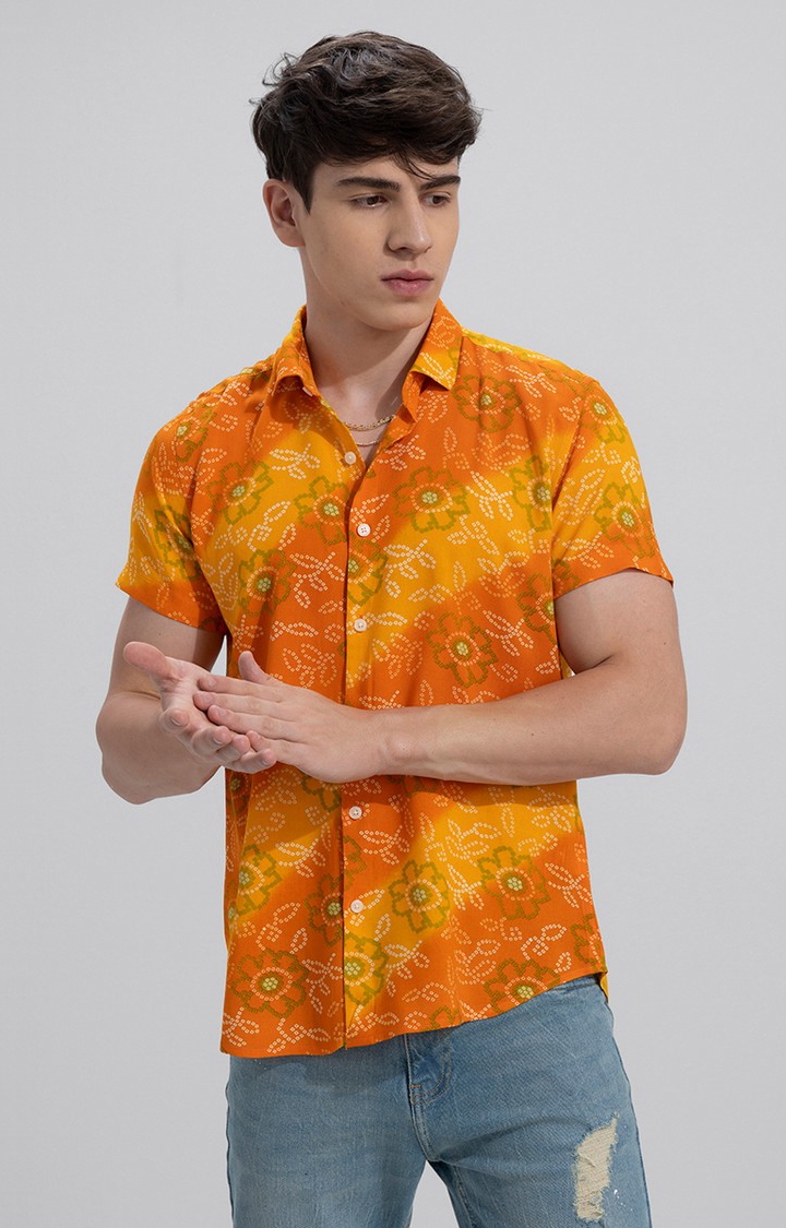 Men's Orange Rayon Printed Casual Shirt