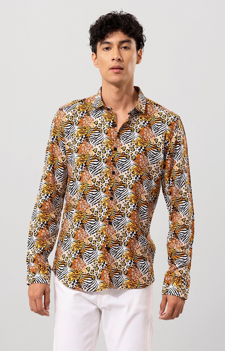 SNITCH | Men's Orange Rayon Printed Casual Shirt