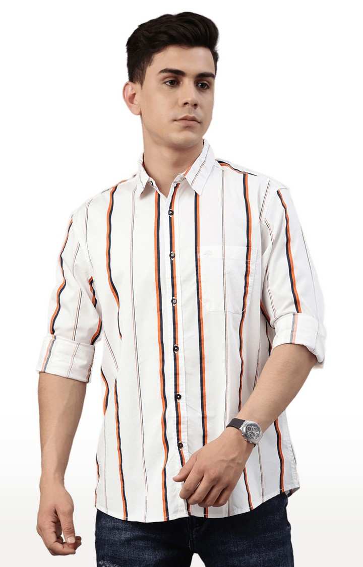 Men's White Cotton Blend Striped Casual Shirt
