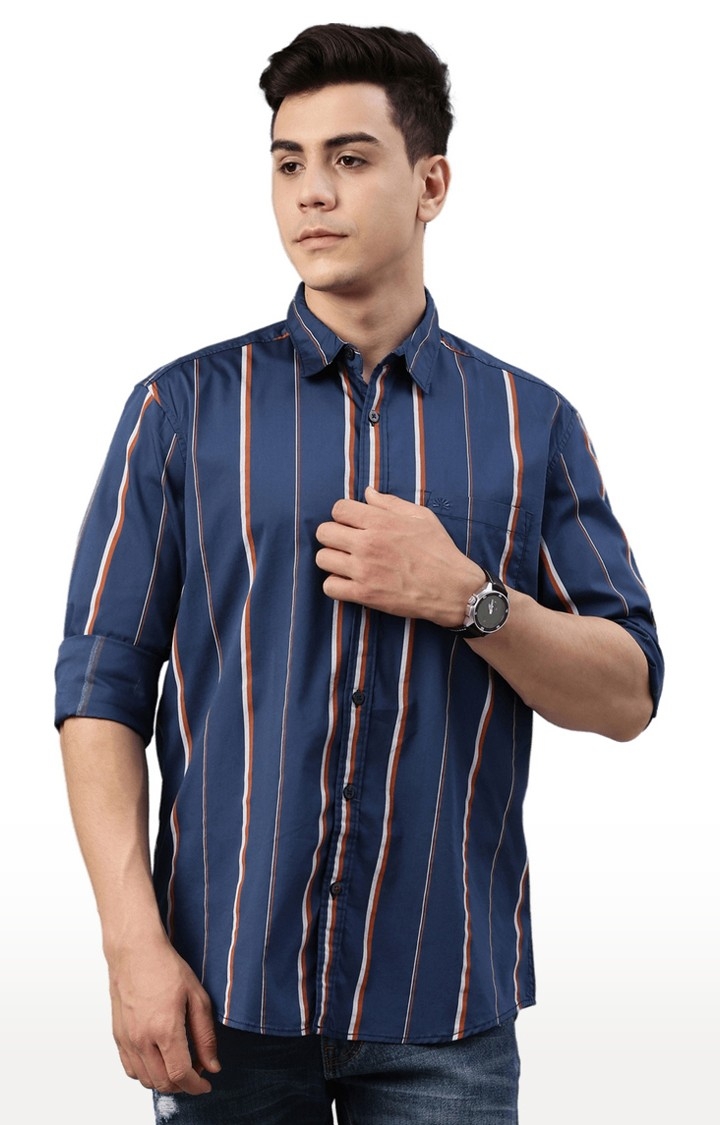 Chennis | Men's Navy Cotton Blend Striped Casual Shirt