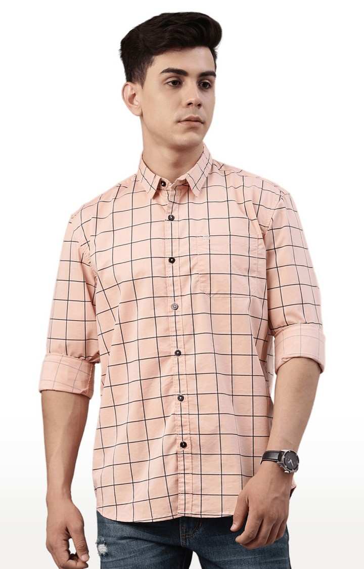 Chennis | Men's Peach Cotton Blend Checked Casual Shirt