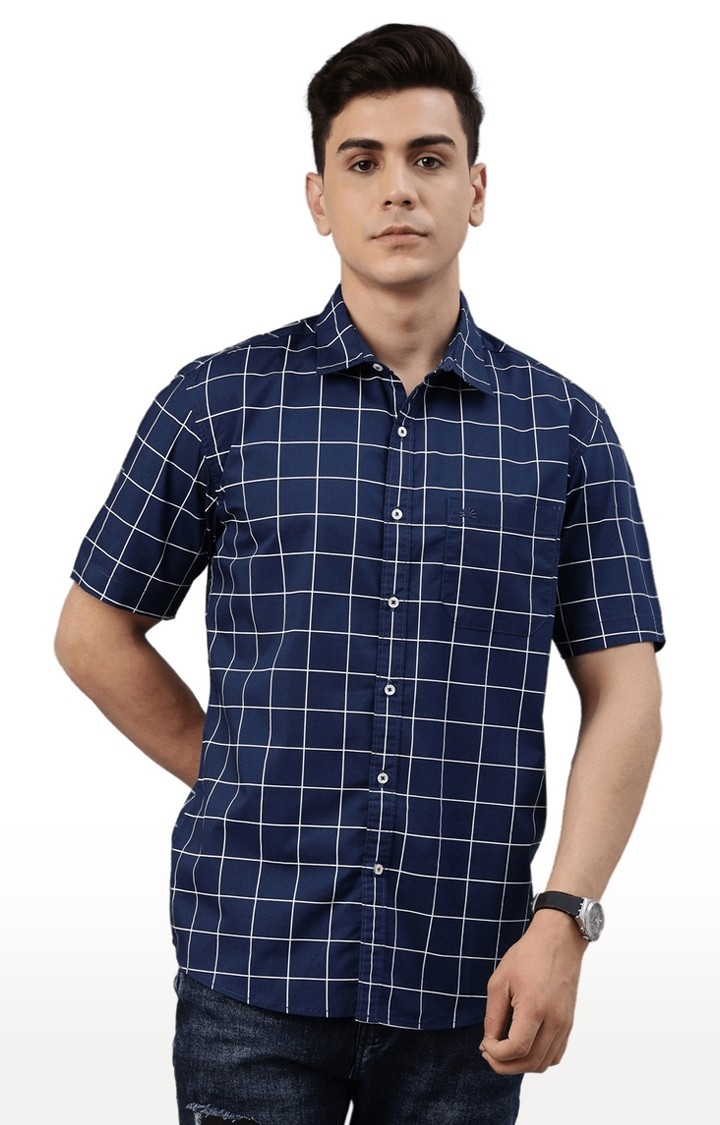 Chennis | Men's Navy Cotton Blend Checked Casual Shirt