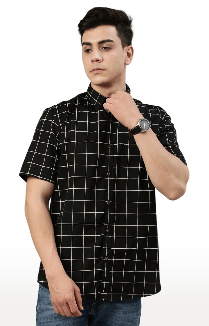 Chennis | Men's Black Cotton Blend Checked Casual Shirt