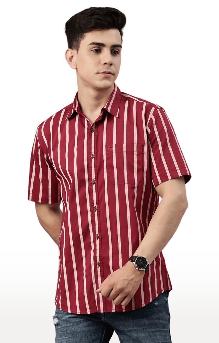 Chennis | Men's Red Cotton Blend Striped Casual Shirt