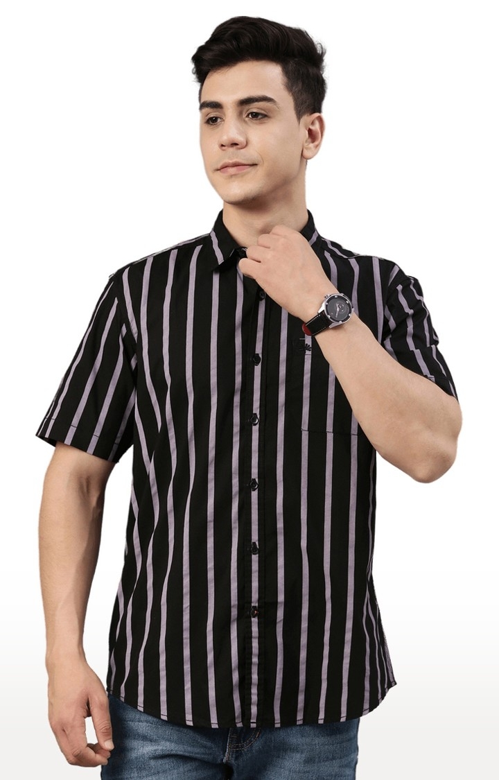 Chennis | Men's Black Cotton Blend Striped Casual Shirt