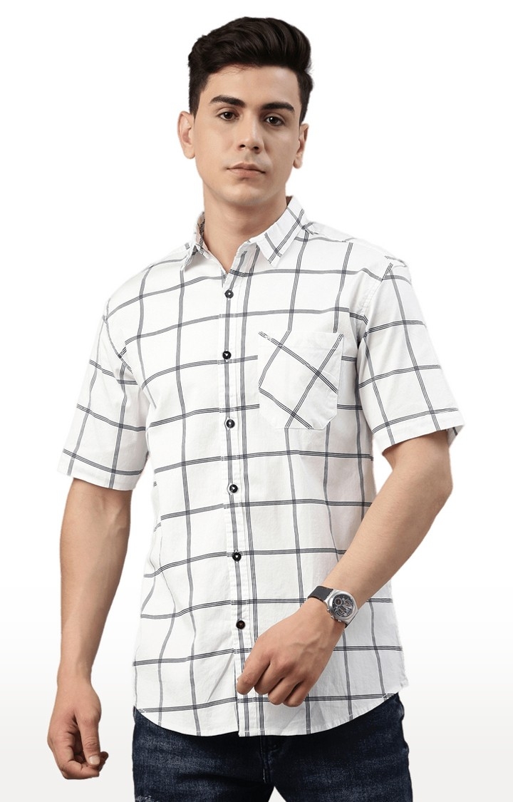 Chennis | Men's White Cotton Blend Checked Casual Shirt