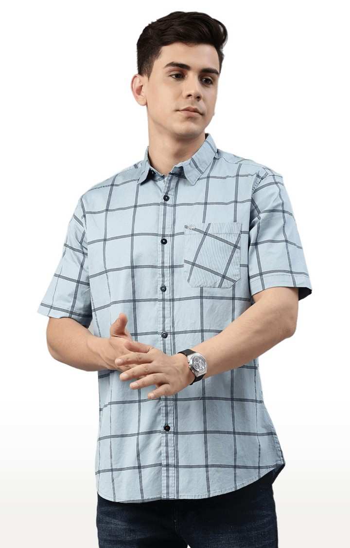 Chennis | Men's Blue Cotton Blend Checked Casual Shirt