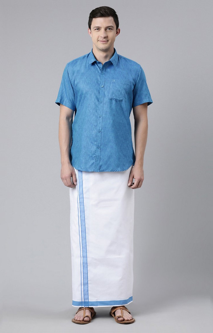 Men's Blue Cotton Solid Ethnic Set