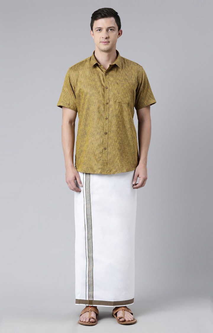 Men's Yellow Cotton Solid Ethnic Set