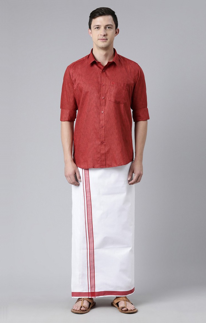Men's Red Cotton Solid Ethnic Set