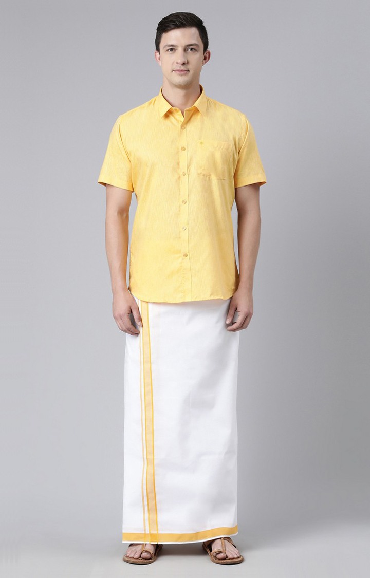 Men's Yellow Cotton Solid Ethnic Set