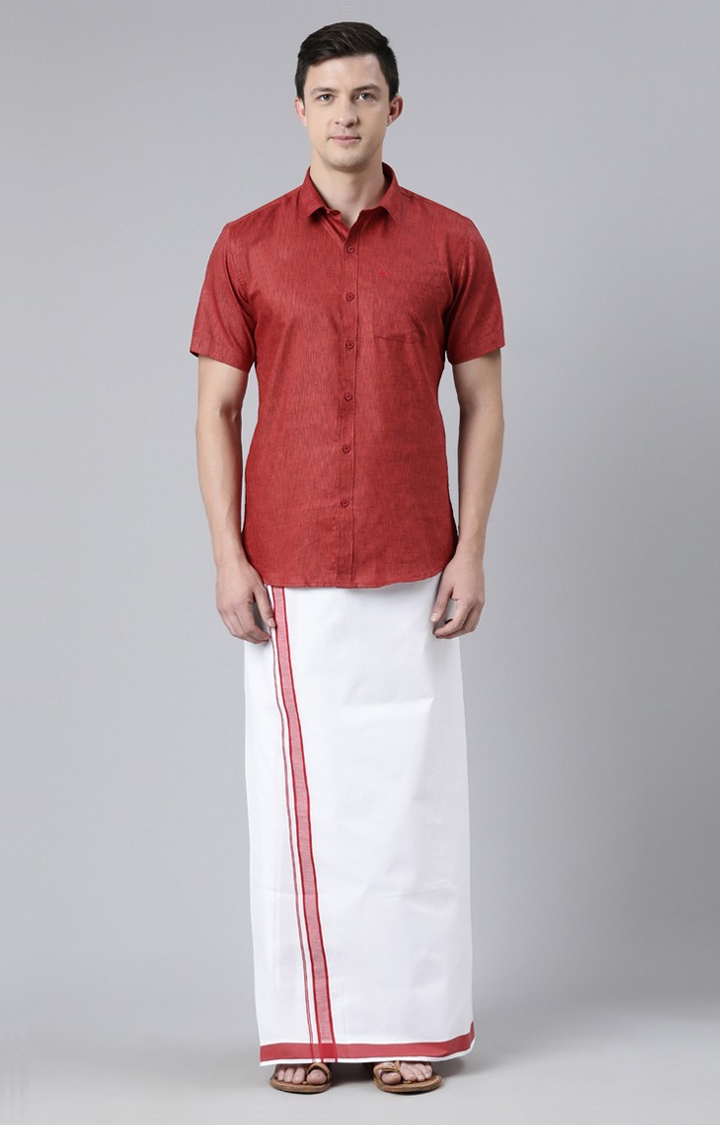 Men's Red Cotton Solid Ethnic Set