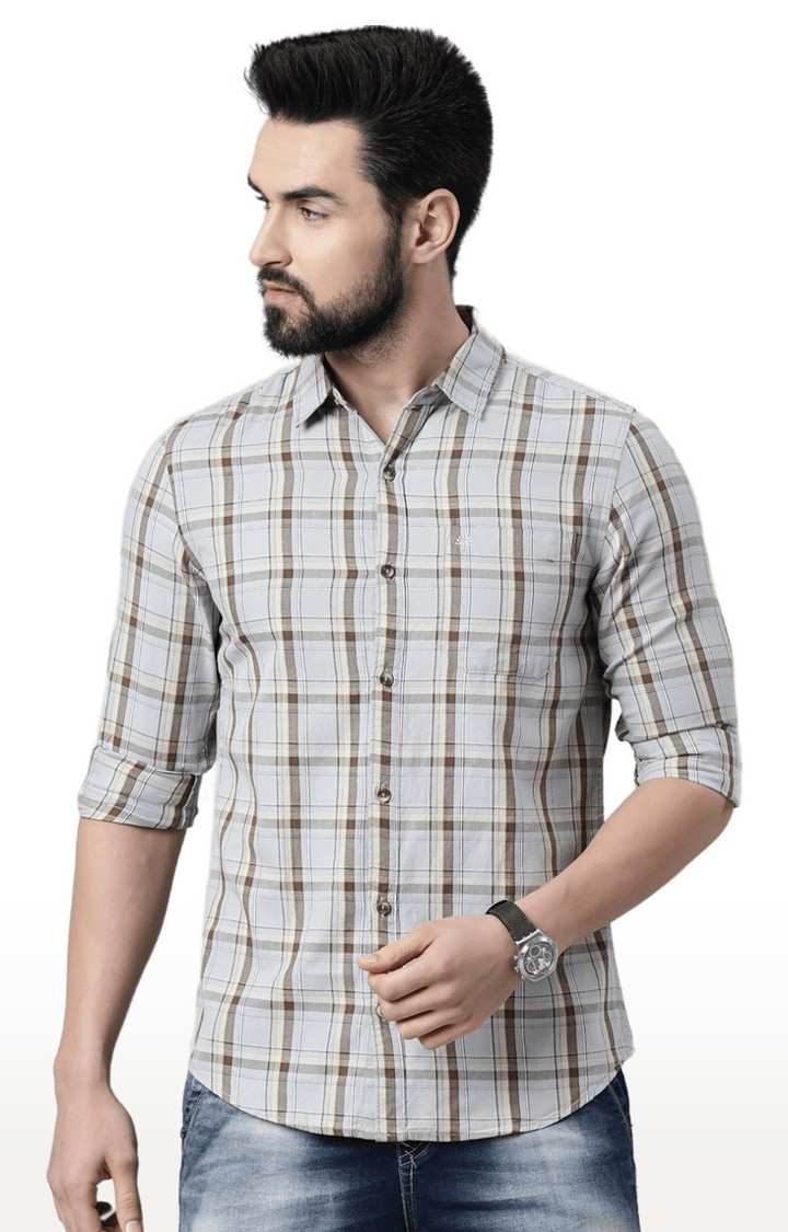 Men's Grey Cotton Checked Casual Shirt