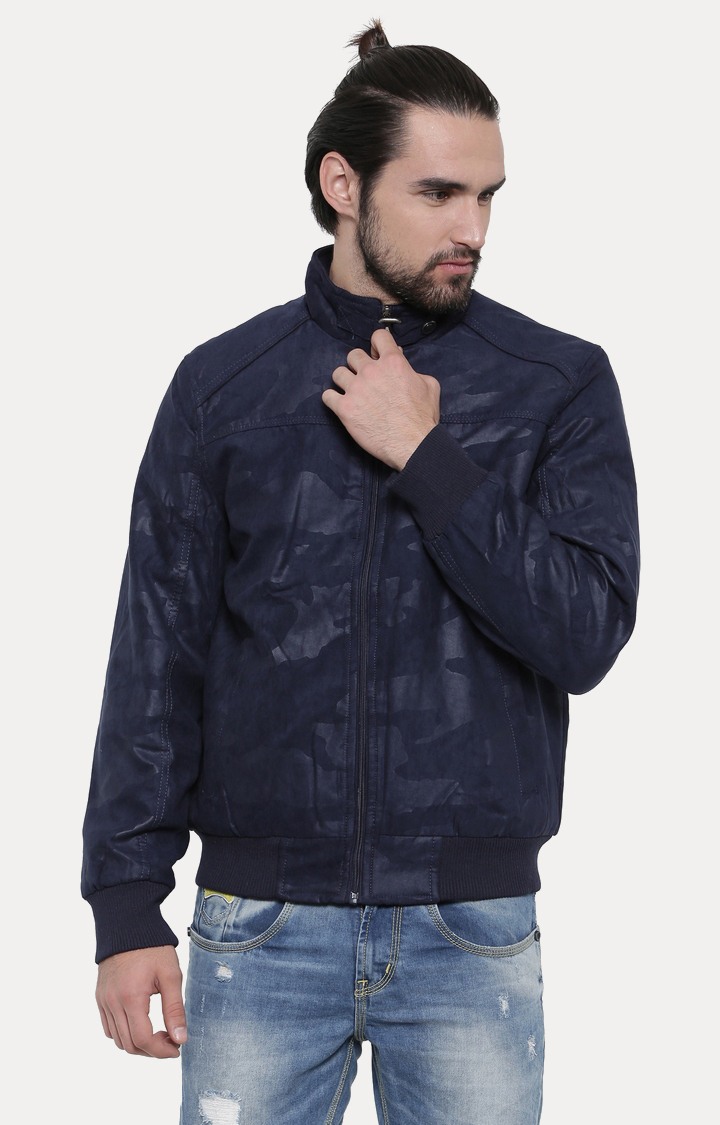 Blue Camouflage Pu Leather Jacket