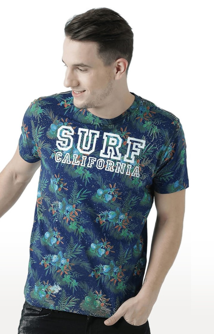 Men's Navy Blue Cotton Typographic Printed Regular T-Shirt