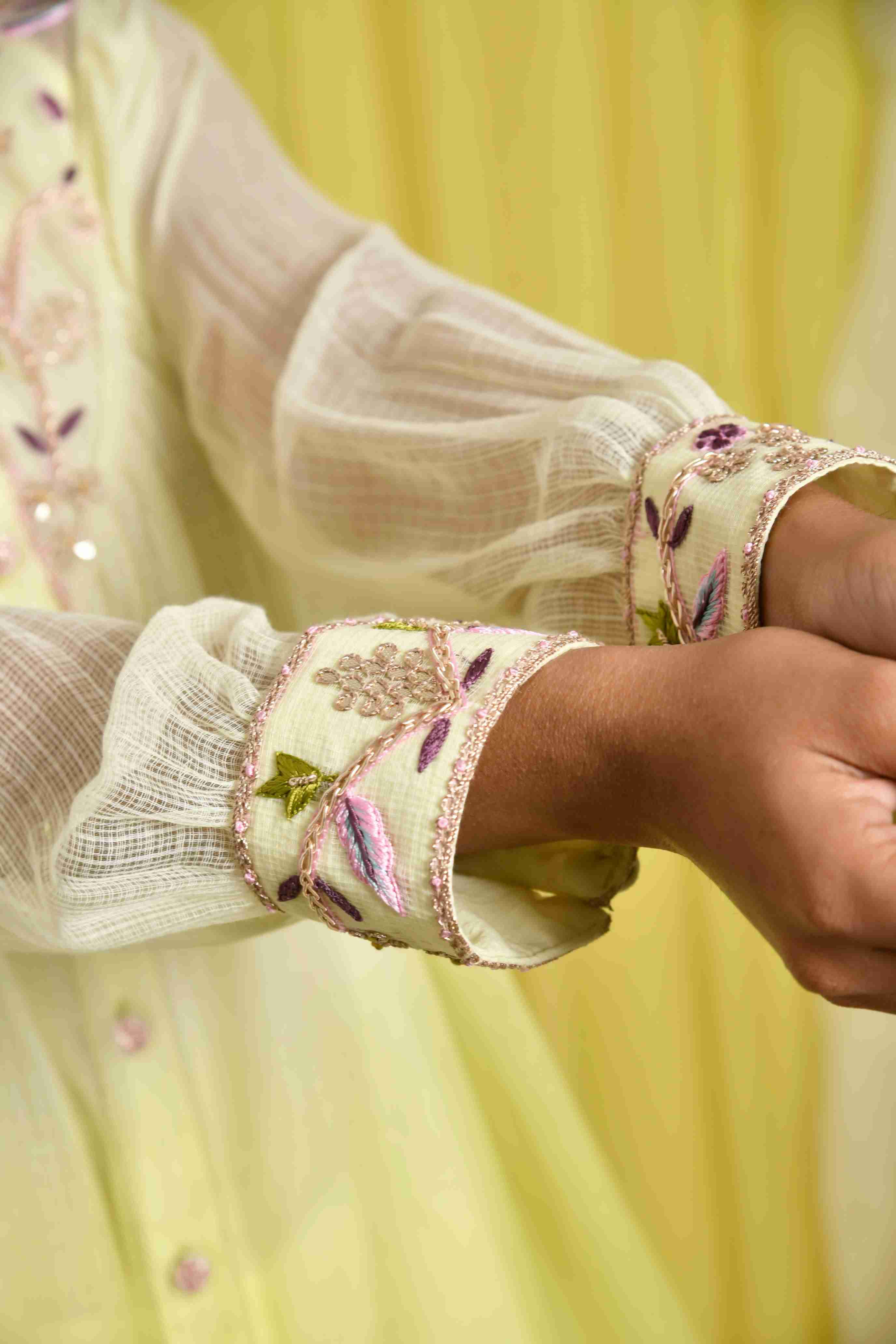 Lime Green Short Kota Doriya Shaded Top With Embroidery On the yoke