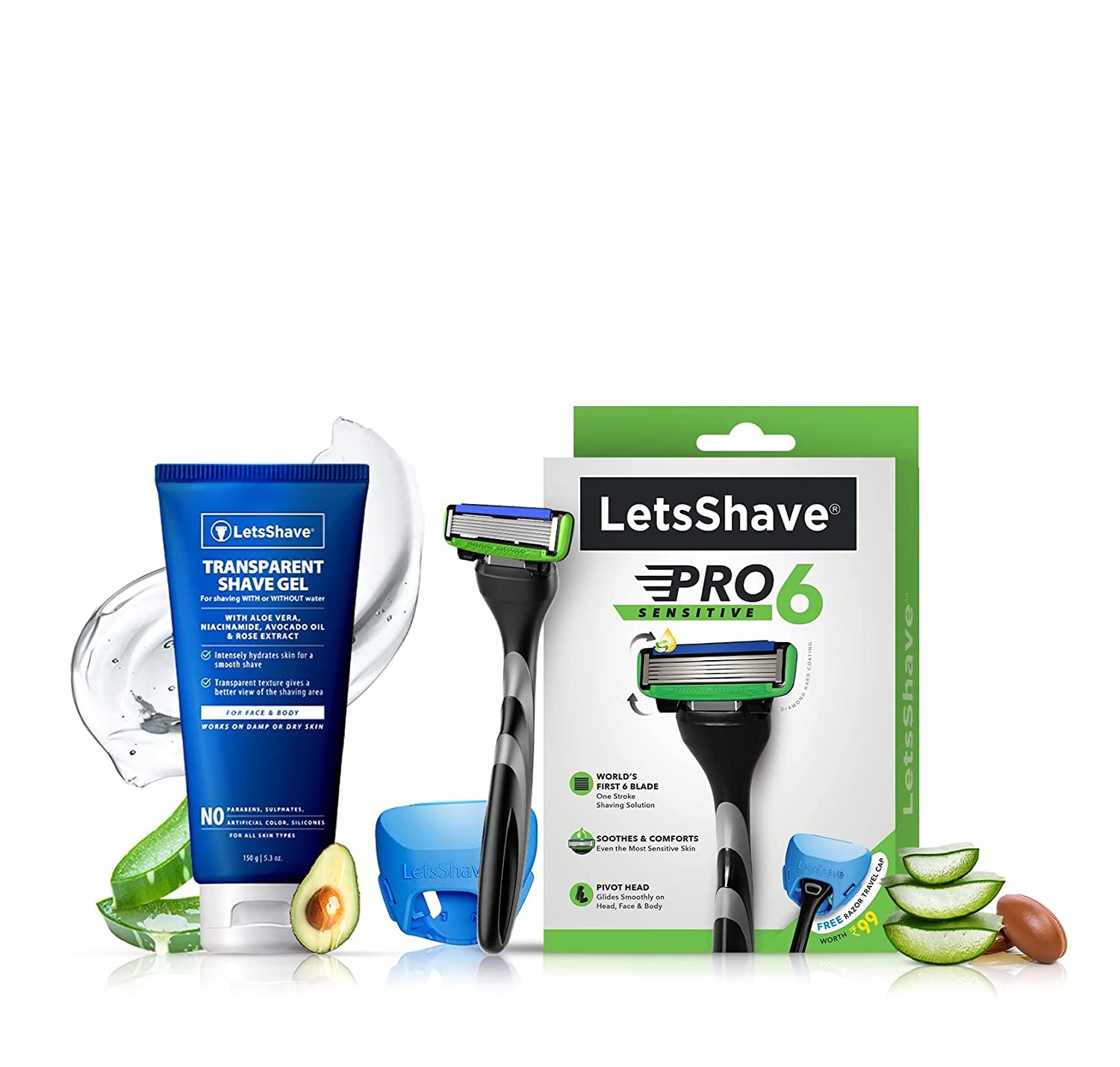 LetsShave Pro 6 Sensitive Razor Trial Kit for Men - Pro 6 Sensitive Blade + Razor Handle + Shave Gel
