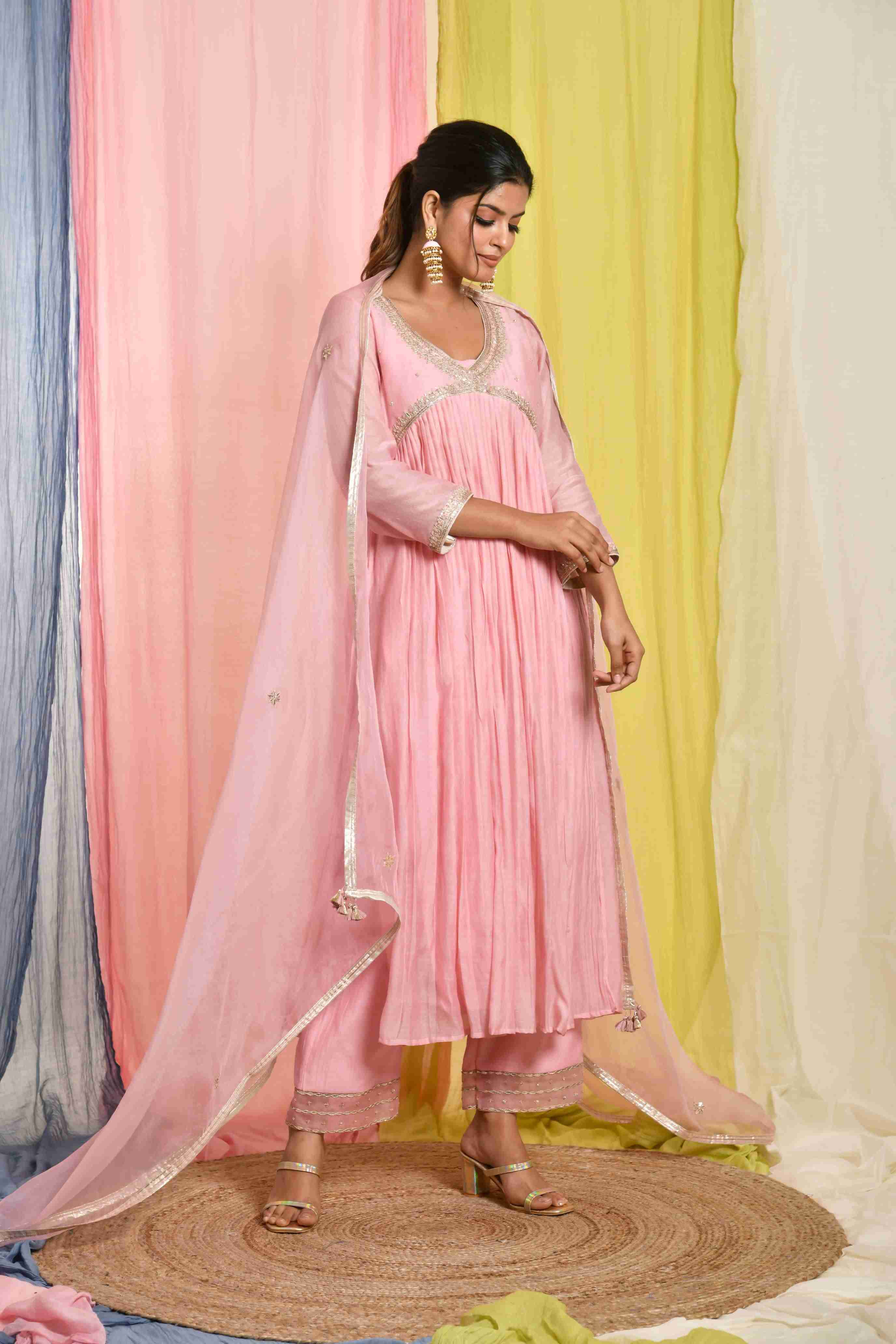 Pink V-Neck Chanderi Dress With Side Slit & Pleats