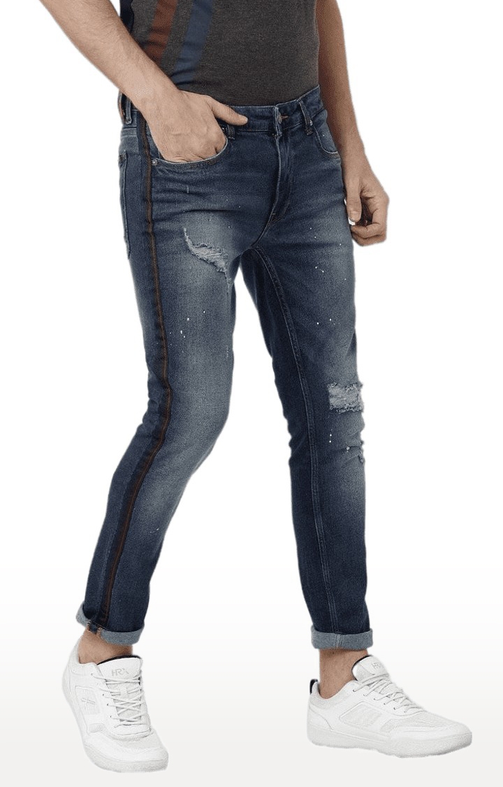 Blue Cotton Blend Slim Jeans for Men