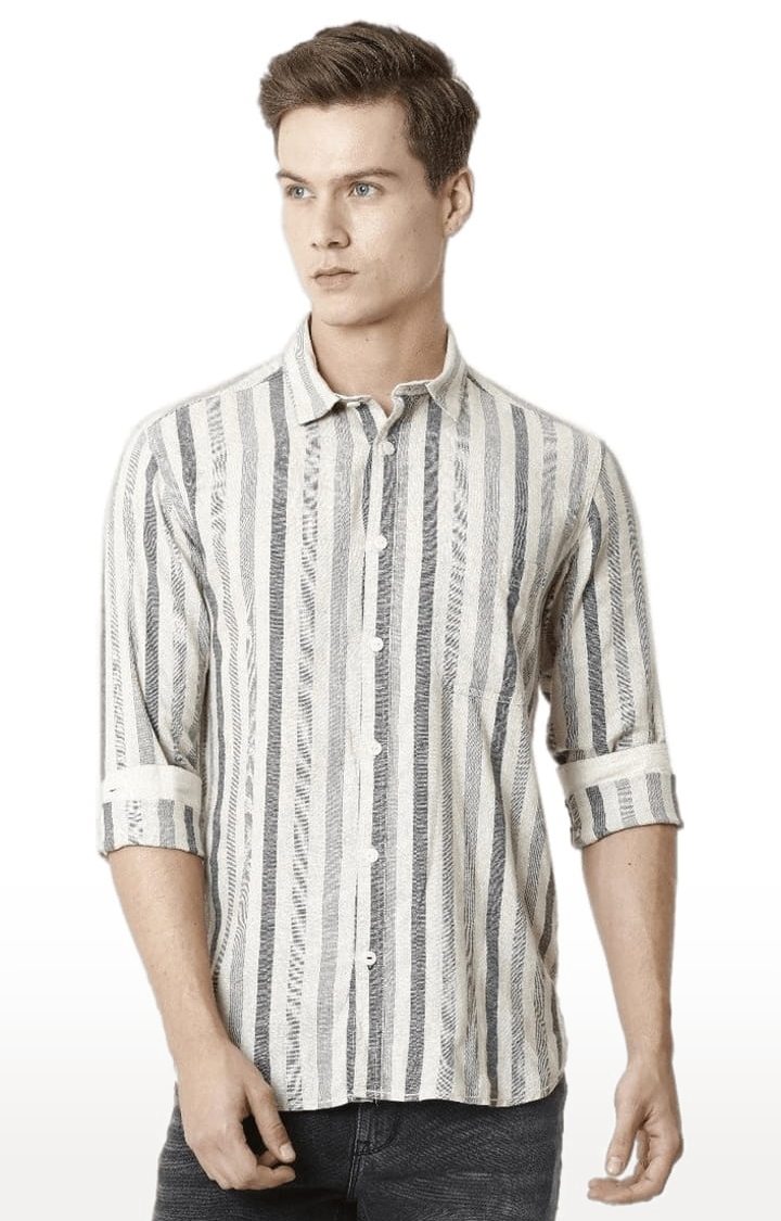 Men's Beige Cotton Striped Casual Shirt