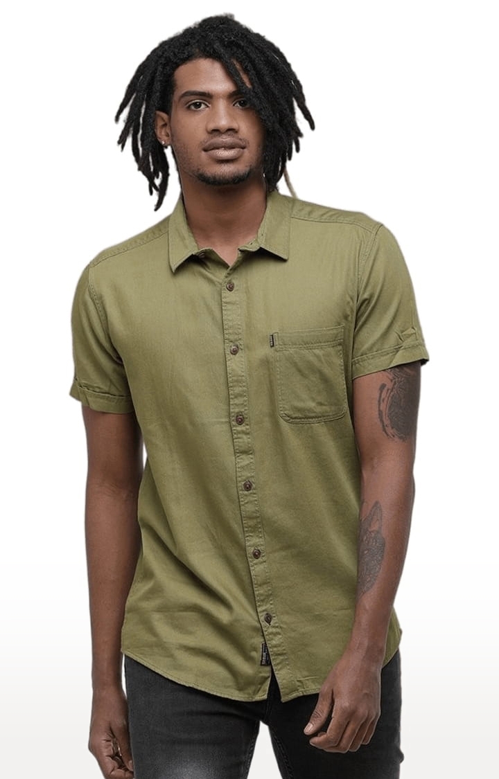 Men's Olive Green Cotton Solid Casual Shirt