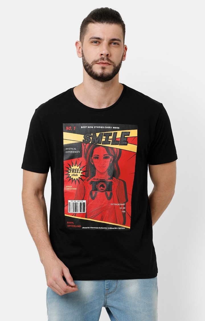 Men's Black Cotton Graphics T-Shirt