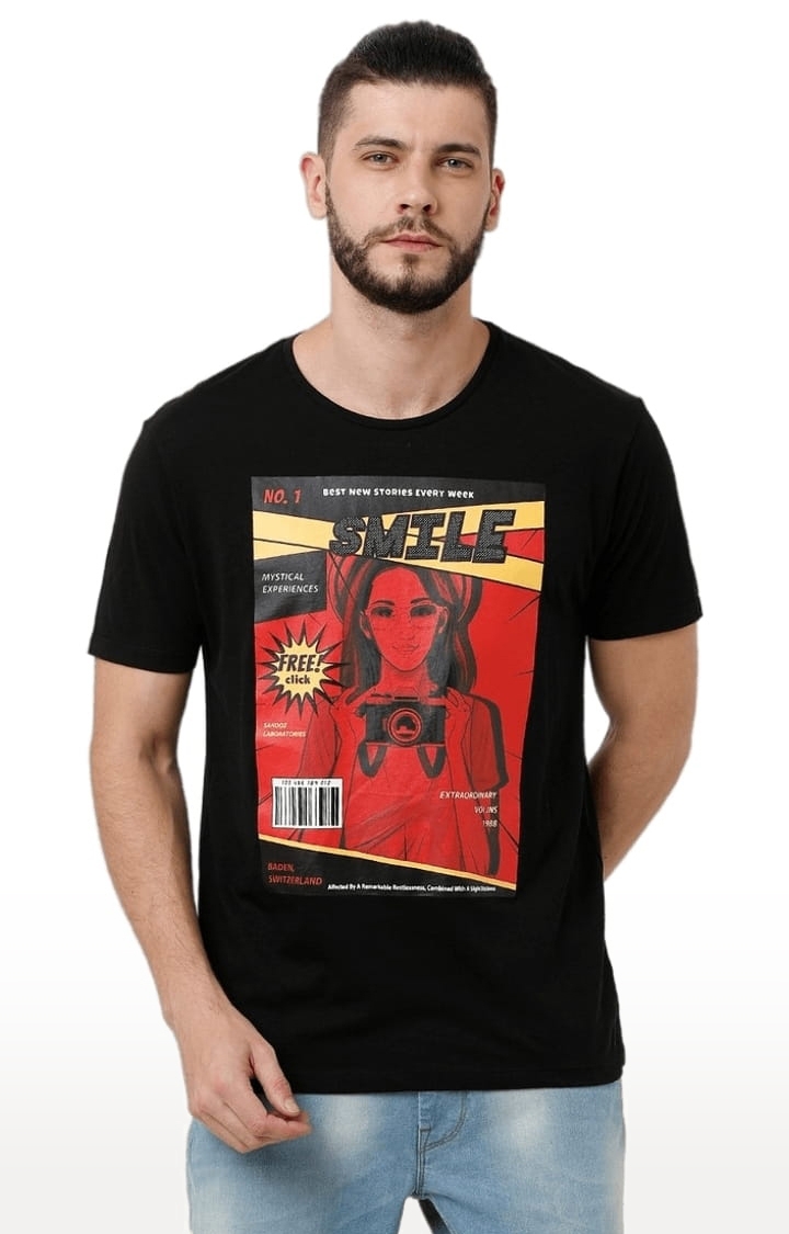Men's Black Cotton Graphic Printed T-Shirt