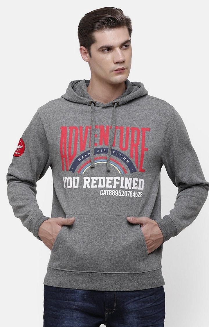Men's Grey & Red Cotton Typographic Printed Hoodie