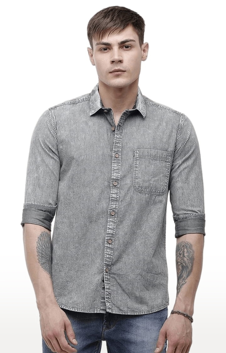 Men's Black & Grey Cotton Striped Casual Shirt
