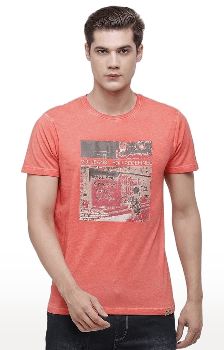 Men's Peach Cotton Graphic Printed T-Shirt