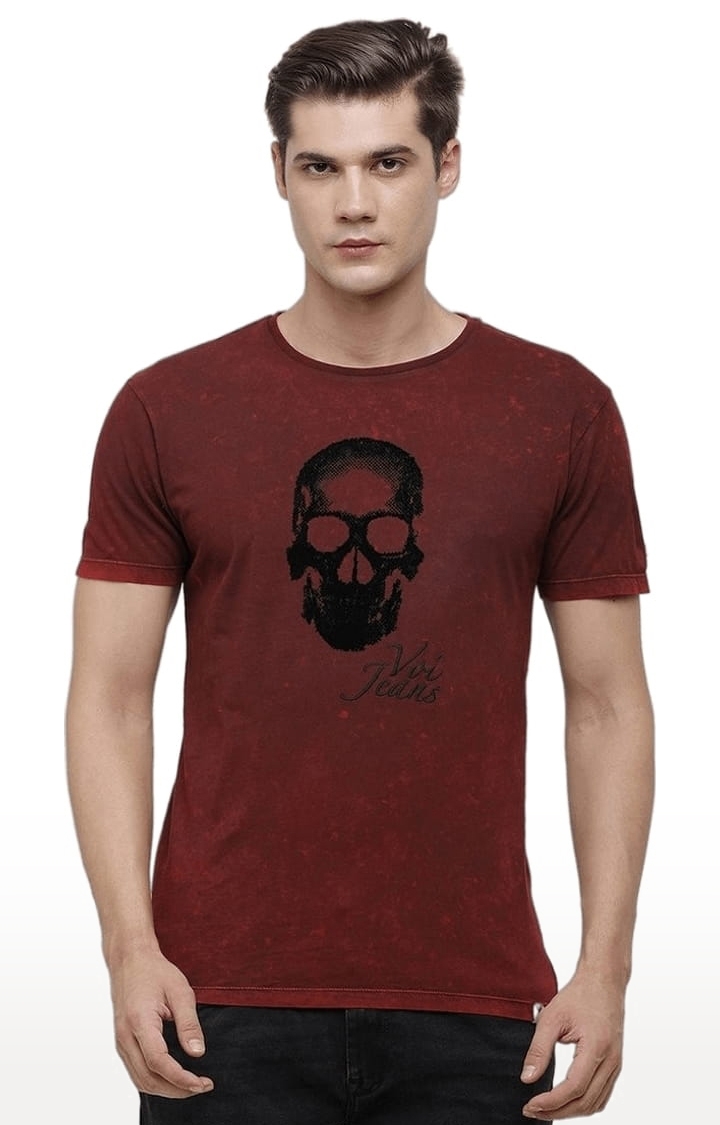 Men's Maroon Cotton Graphic Printed T-Shirt