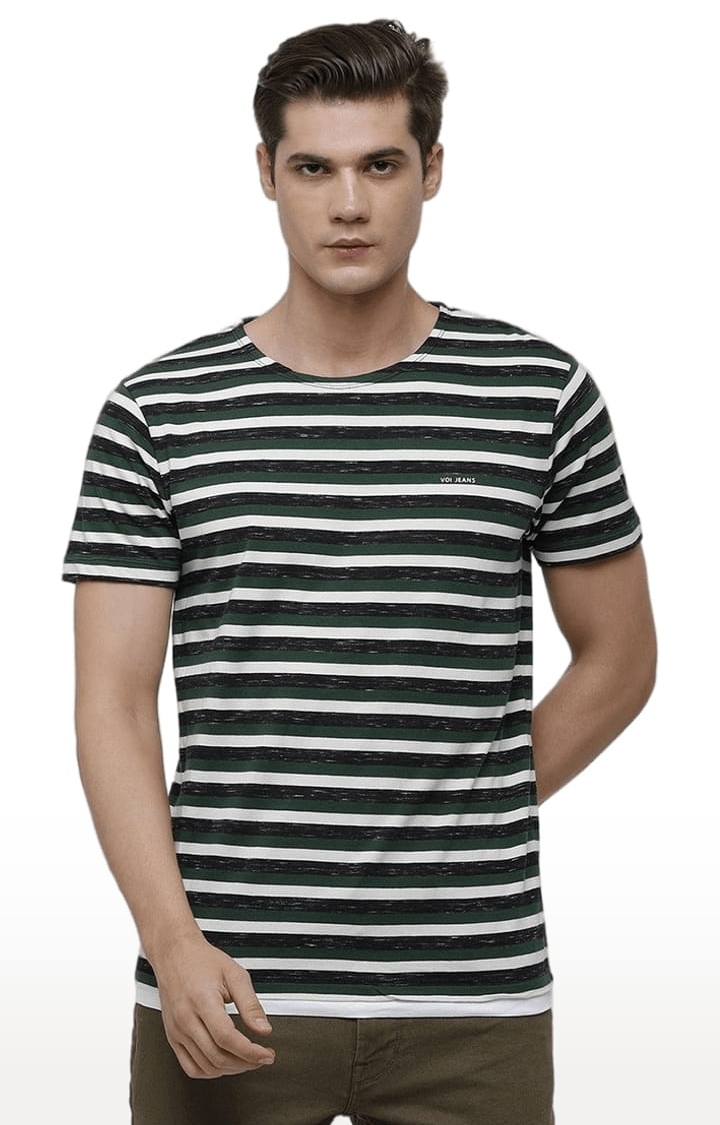 Men's Green & White Cotton Striped T-Shirt