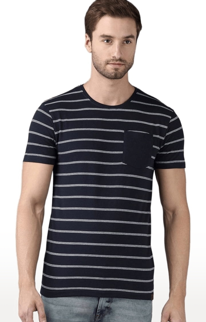 Men's Blue Cotton Striped T-Shirt