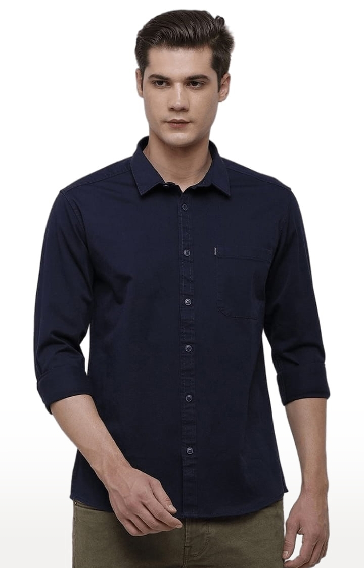 Men's Navy Blue Cotton Solid Casual Shirt