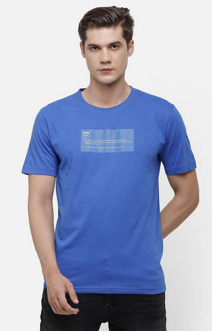 Men's Royal Blue Cotton Typographic Printed T-Shirt