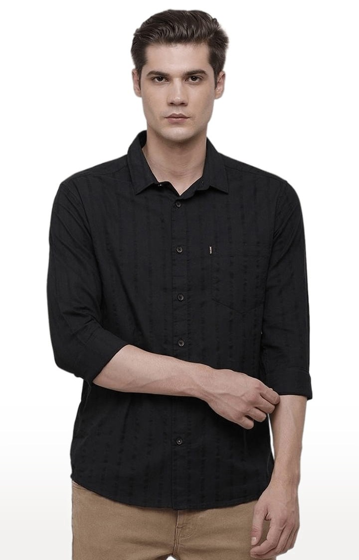 Men's Black Cotton Striped Casual Shirt