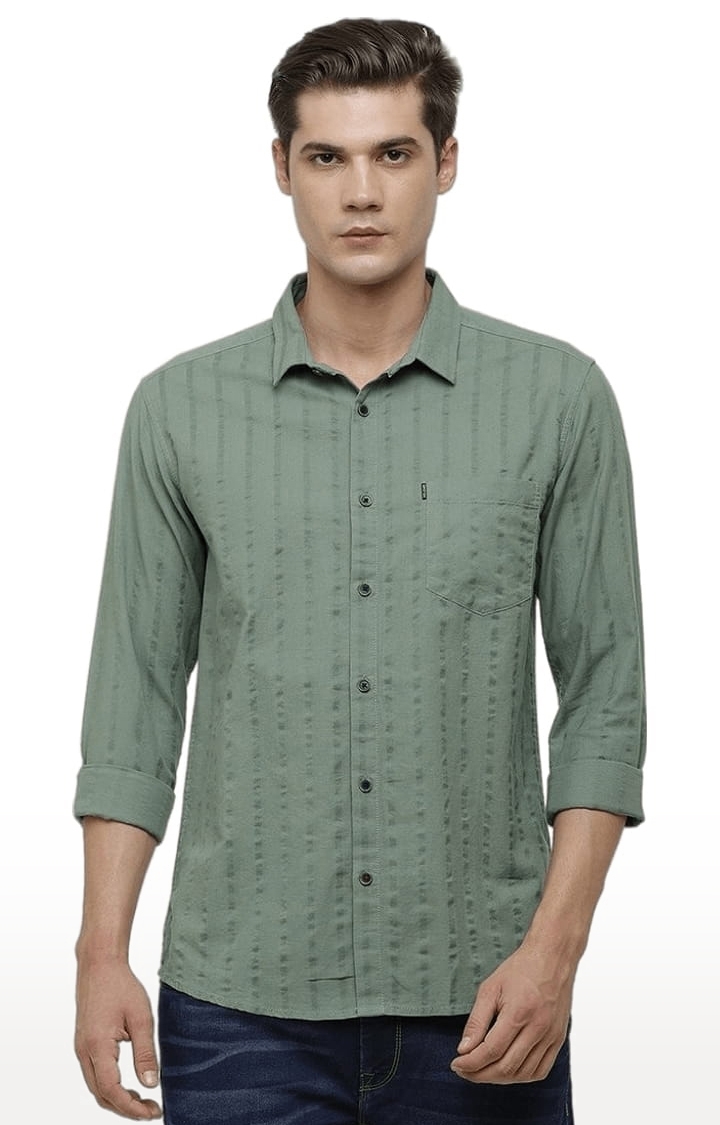 Voi Jeans | Men's Green Cotton Striped Casual Shirt