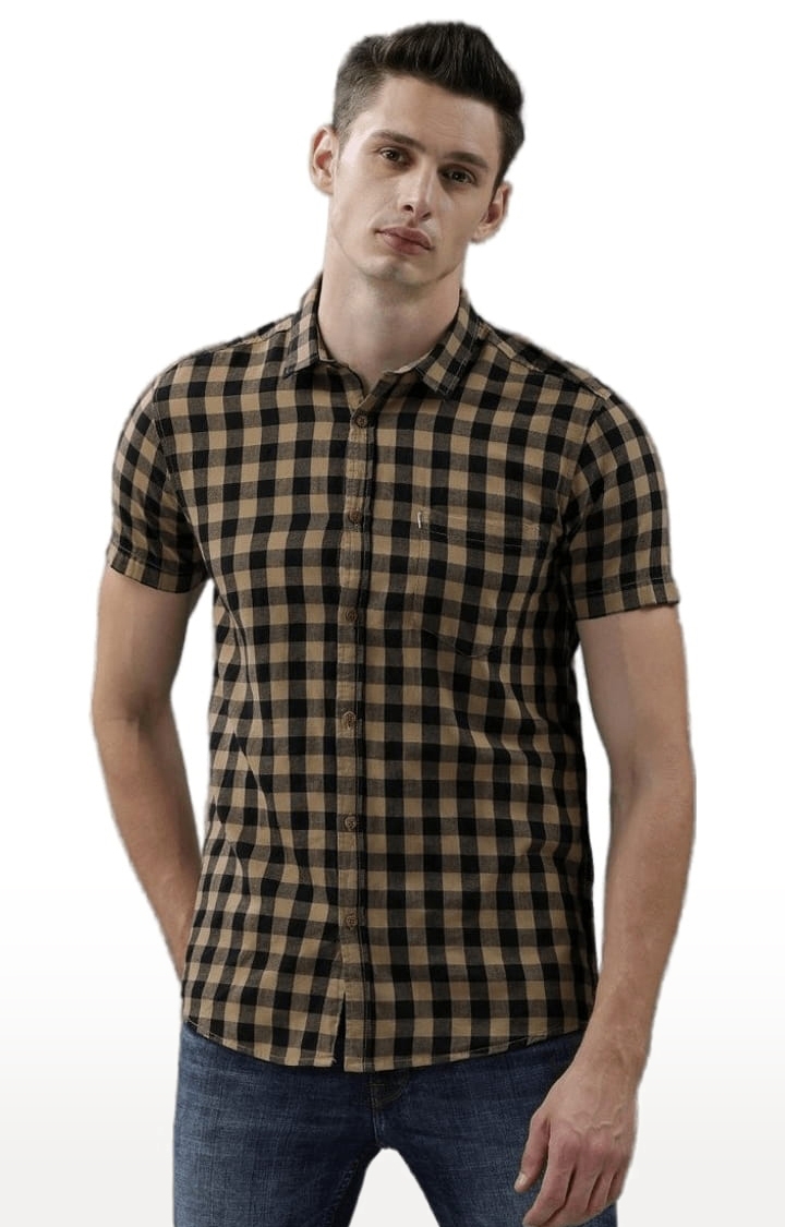 Men's Khaki Cotton Checkered Casual Shirt