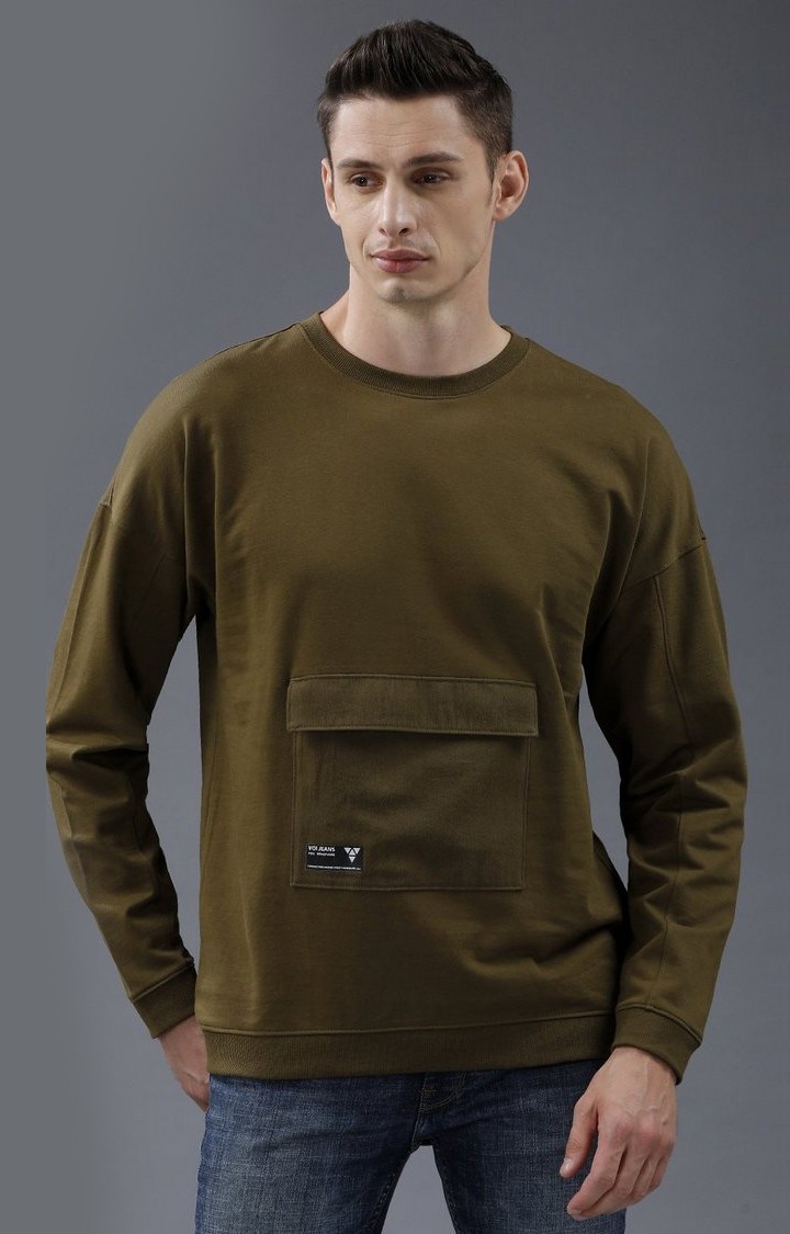 Men's Olive Cotton Solid Sweatshirts