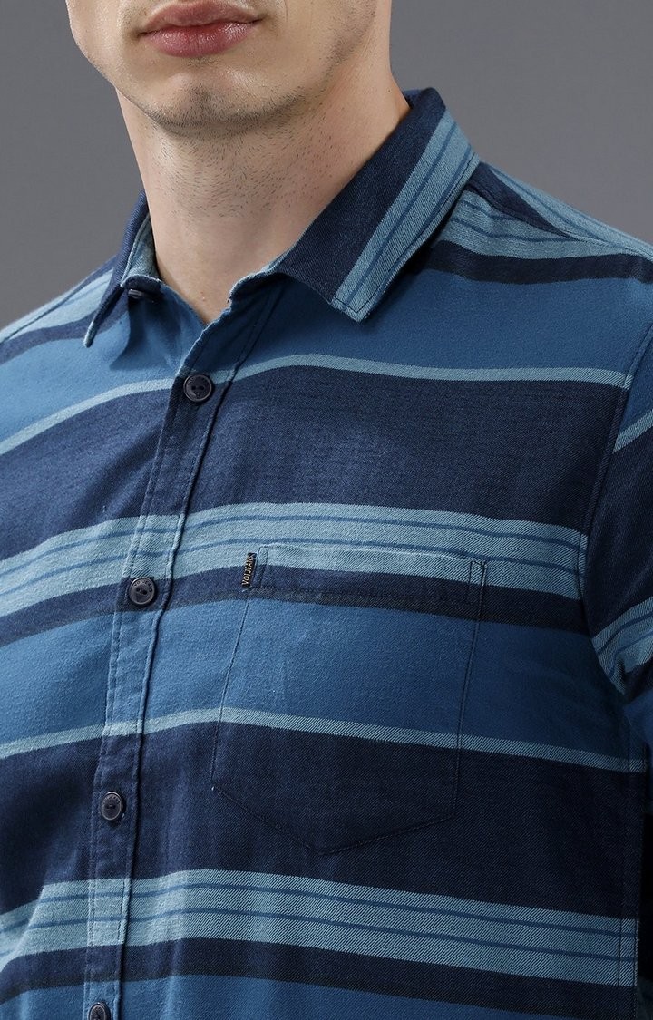 Men's Blue Cotton Striped Casual Shirt