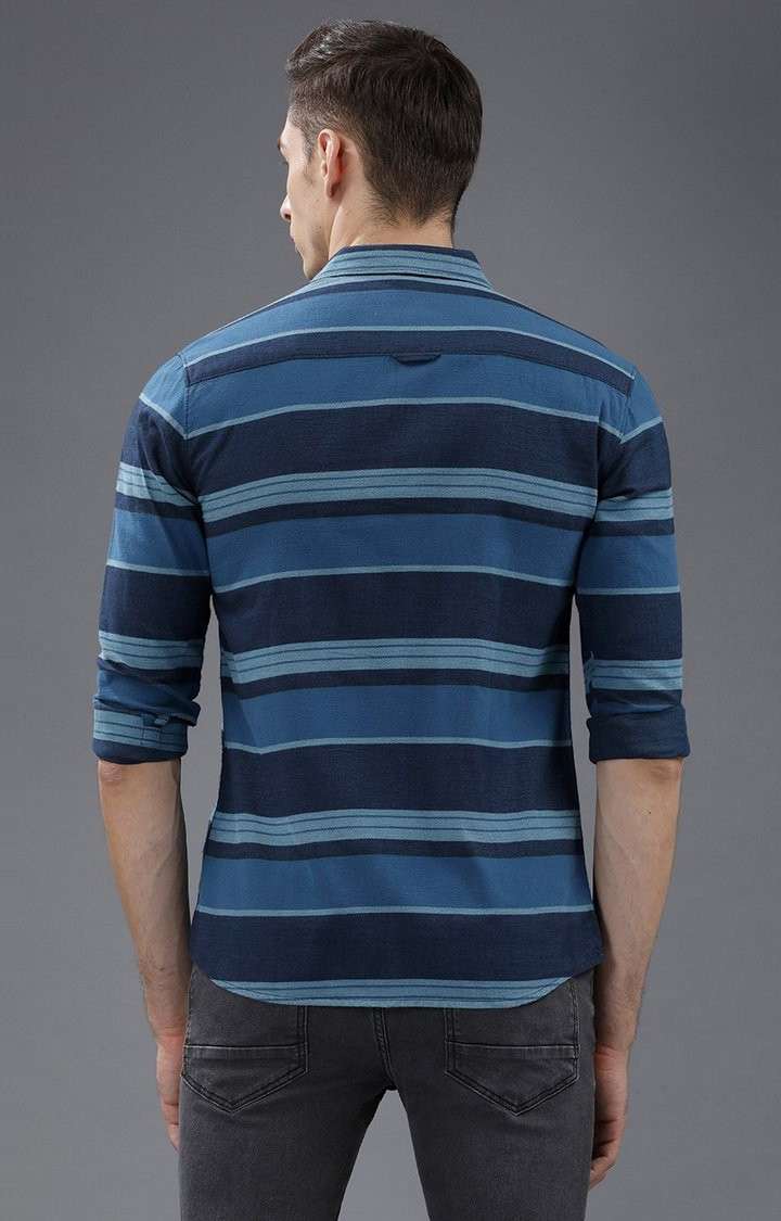 Men's Blue Cotton Striped Casual Shirt
