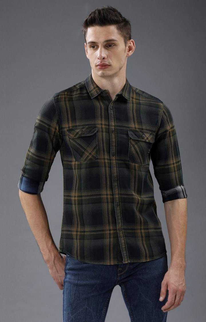 Men's Olive & Beige Cotton Checked Casual Shirt