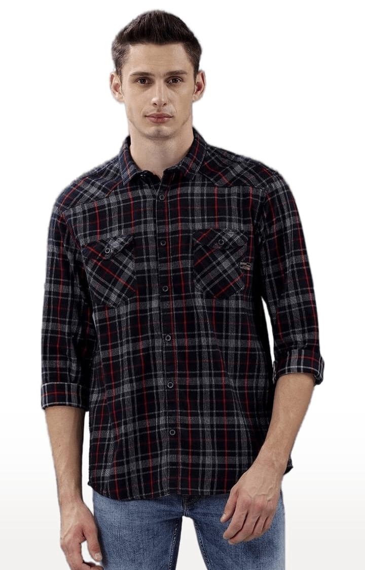 Voi Jeans | Men's Navy & Grey Cotton Checkered Casual Shirt